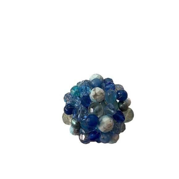 Mixed Blue Tones Beaded Cluster Brooch Statement 2.5" Diameter Pin - Picture 6 of 12